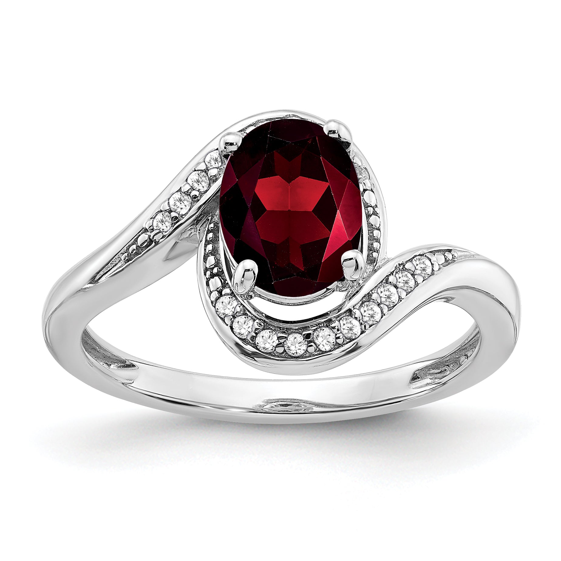 14k White Gold Oval Garnet and Diamond Bypass Ring