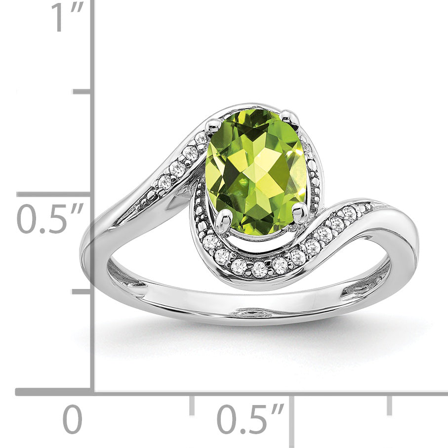 14k White Gold Oval Peridot and Diamond Bypass Ring