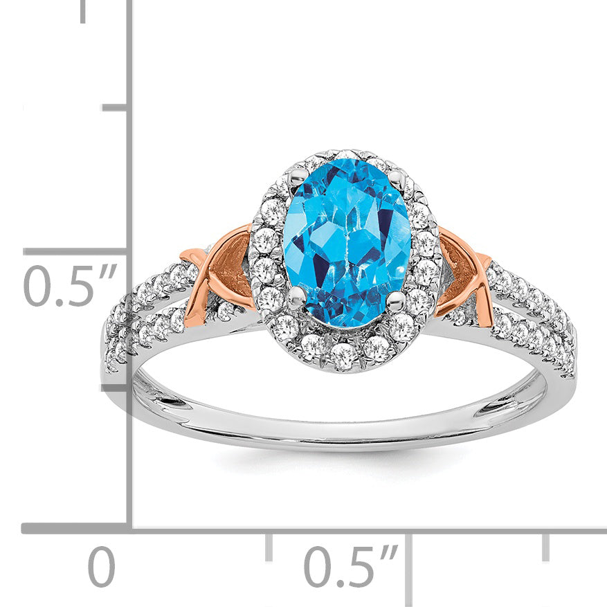 14k White Gold WithRG Accent Blue Topaz and Diamond Halo Ring