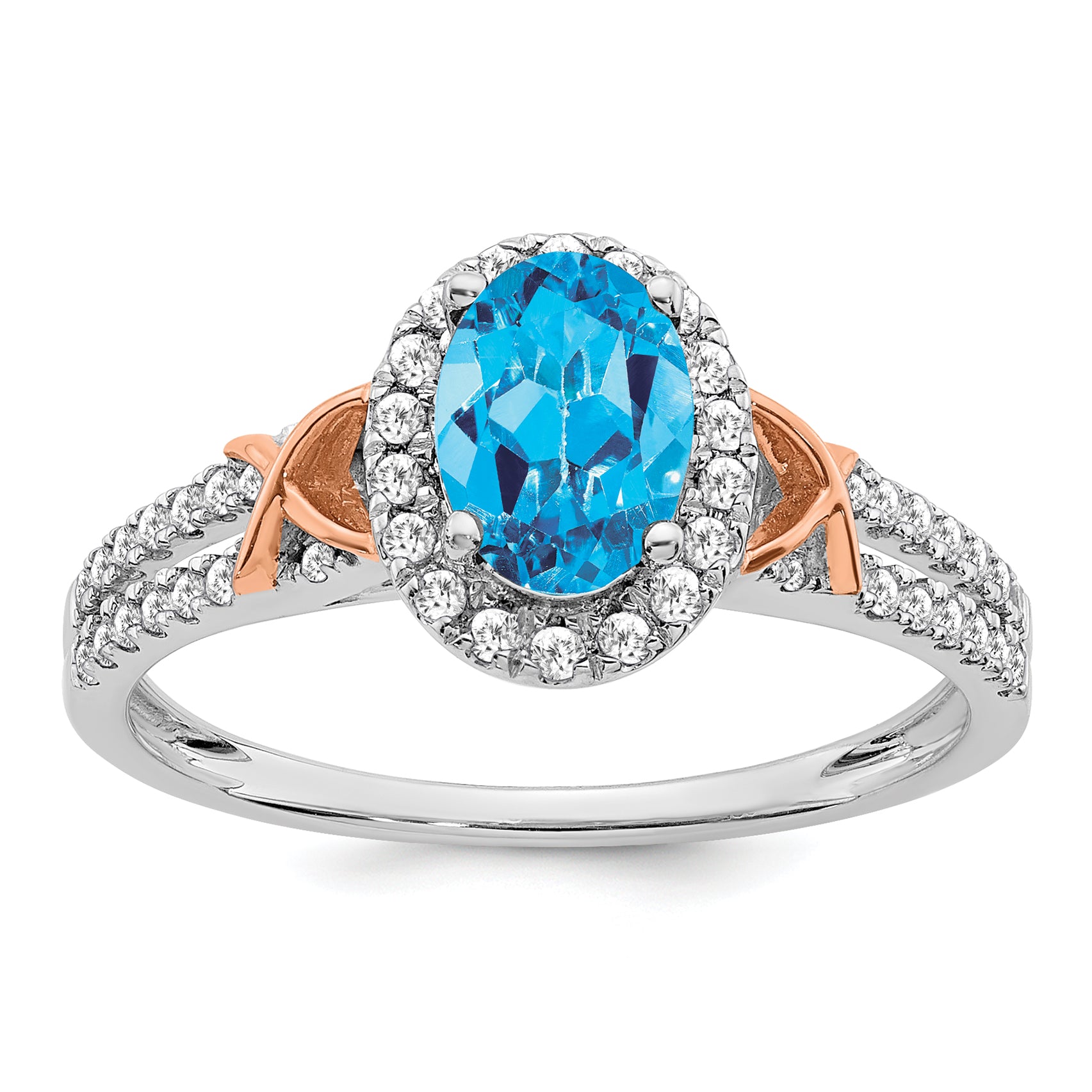 14k White Gold WithRG Accent Blue Topaz and Diamond Halo Ring