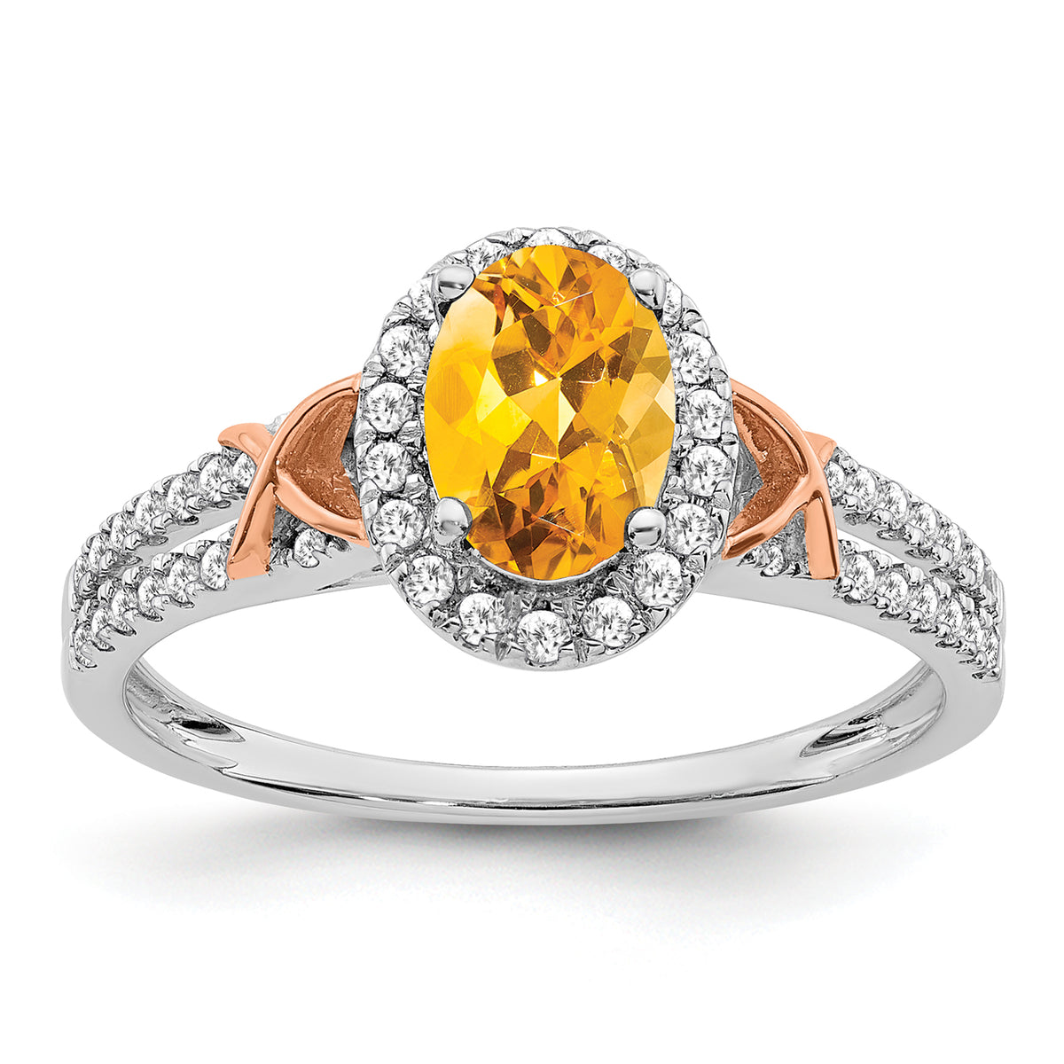 14k White Gold WithRG Accent Citrine and Diamond Halo Ring