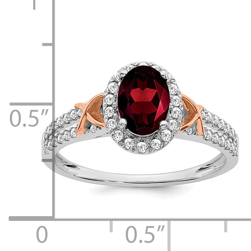 14k White Gold WithRG Accent Garnet and Diamond Halo Ring