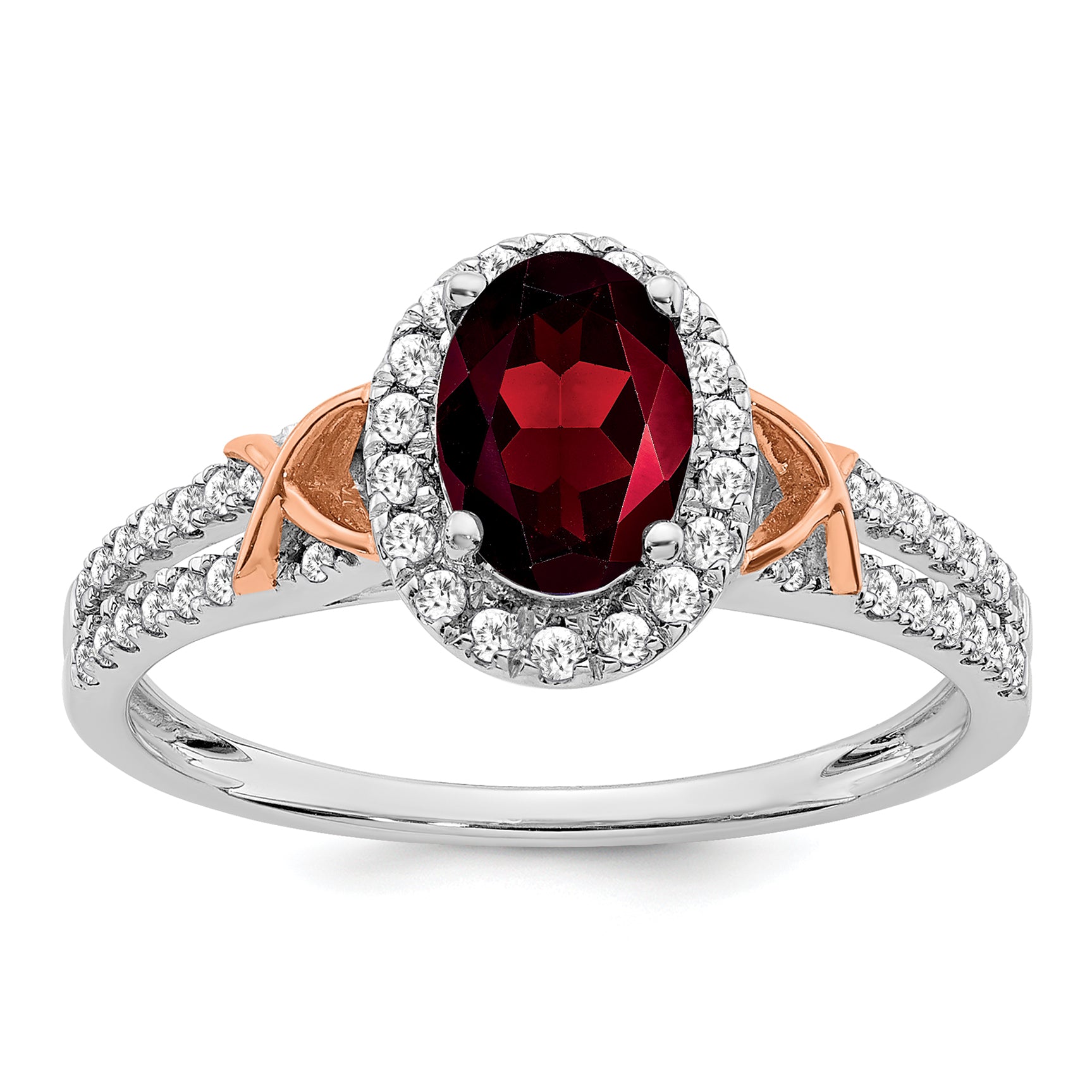 14k White Gold WithRG Accent Garnet and Diamond Halo Ring