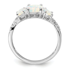 14k White Gold Created Opal and Diamond 3-stone Ring