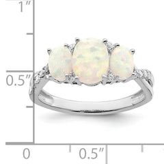 14k White Gold Created Opal and Diamond 3-stone Ring