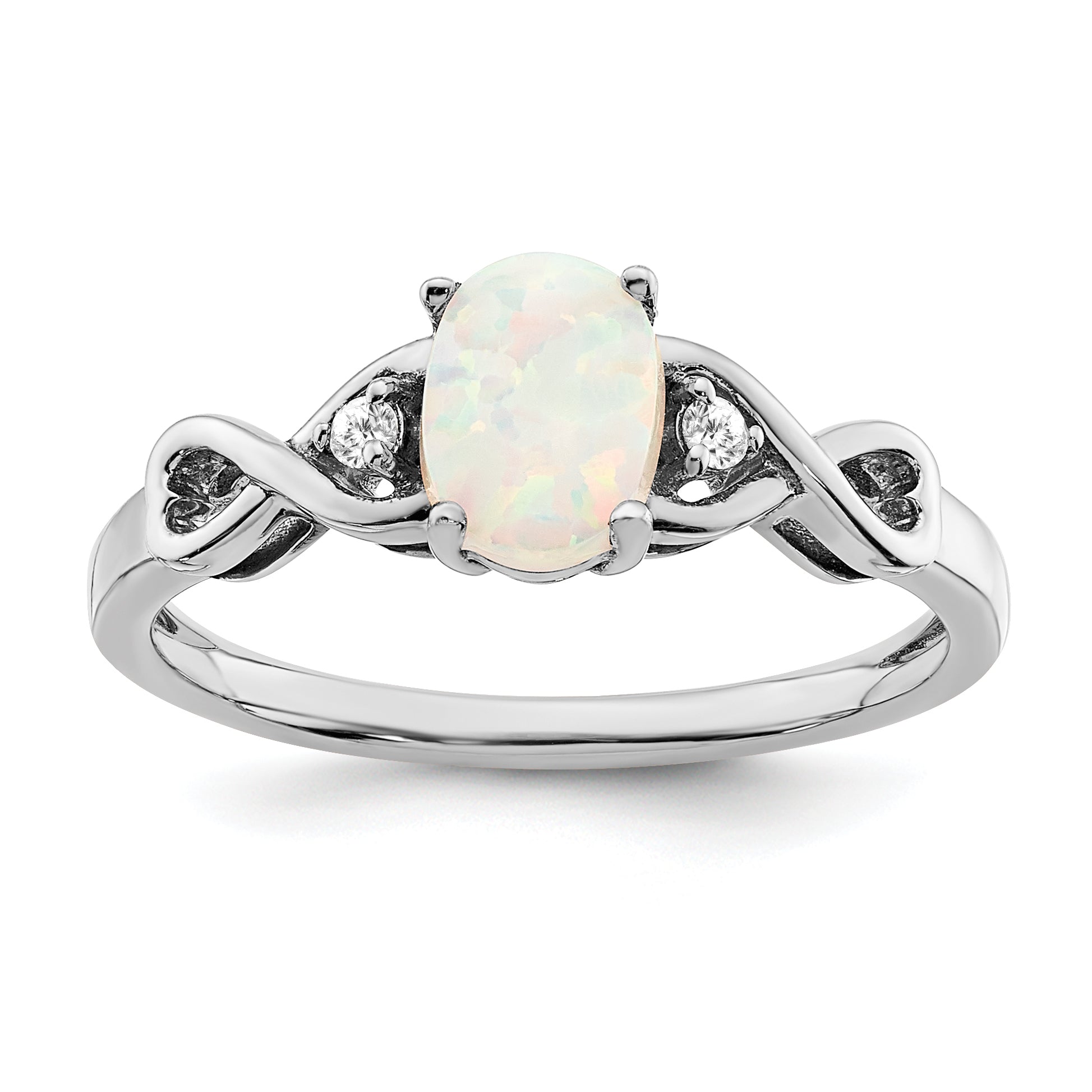 10K White Gold Created Opal and Diamond Ring