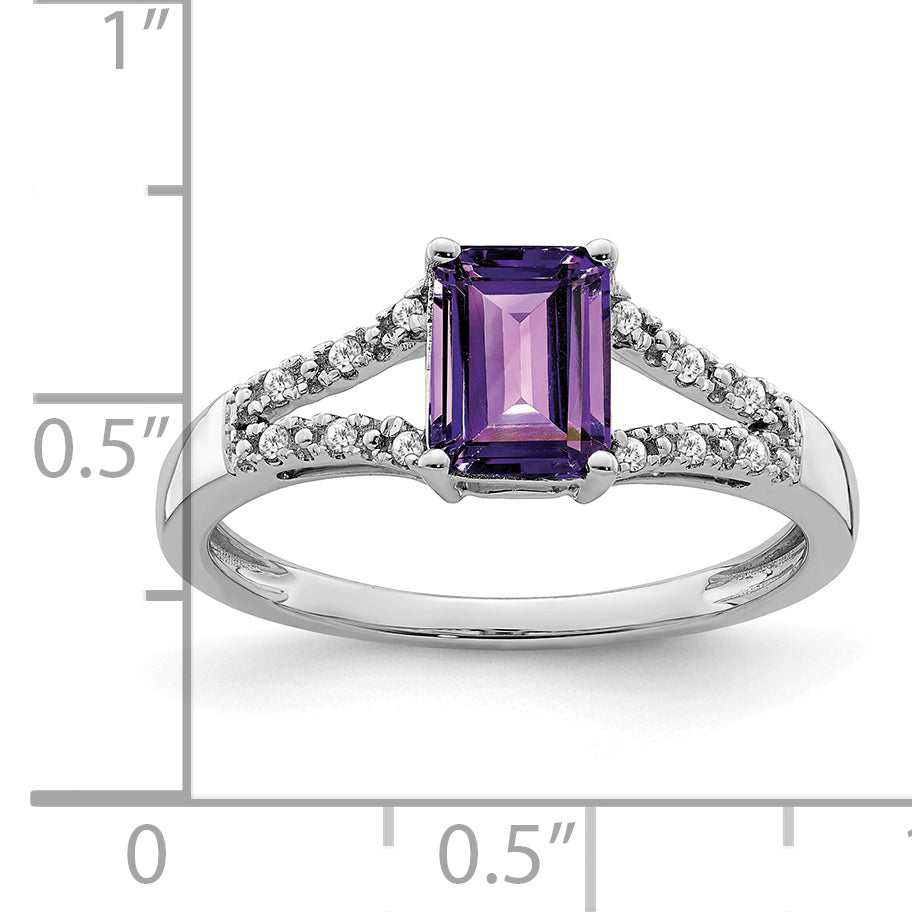 14k White Gold Emerald-cut Amethyst and Diamond Ring