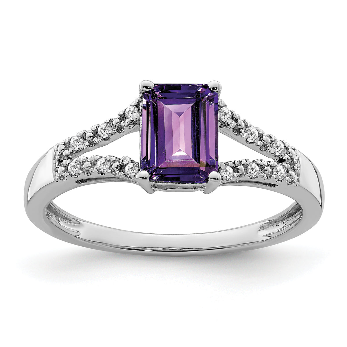 14k White Gold Emerald-cut Amethyst and Diamond Ring