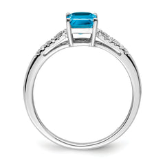 14k White Gold Emerald-cut Blue Topaz and Diamond Ring