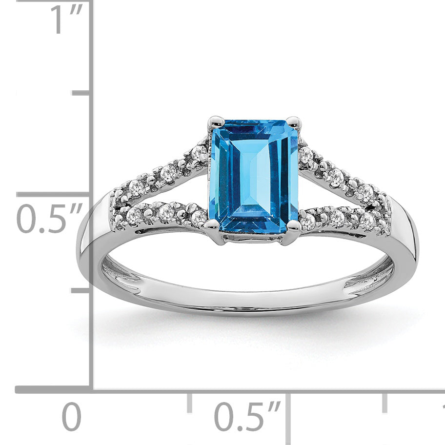 14k White Gold Emerald-cut Blue Topaz and Diamond Ring