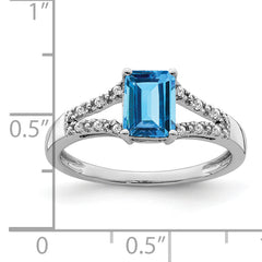 14k White Gold Emerald-cut Blue Topaz and Diamond Ring