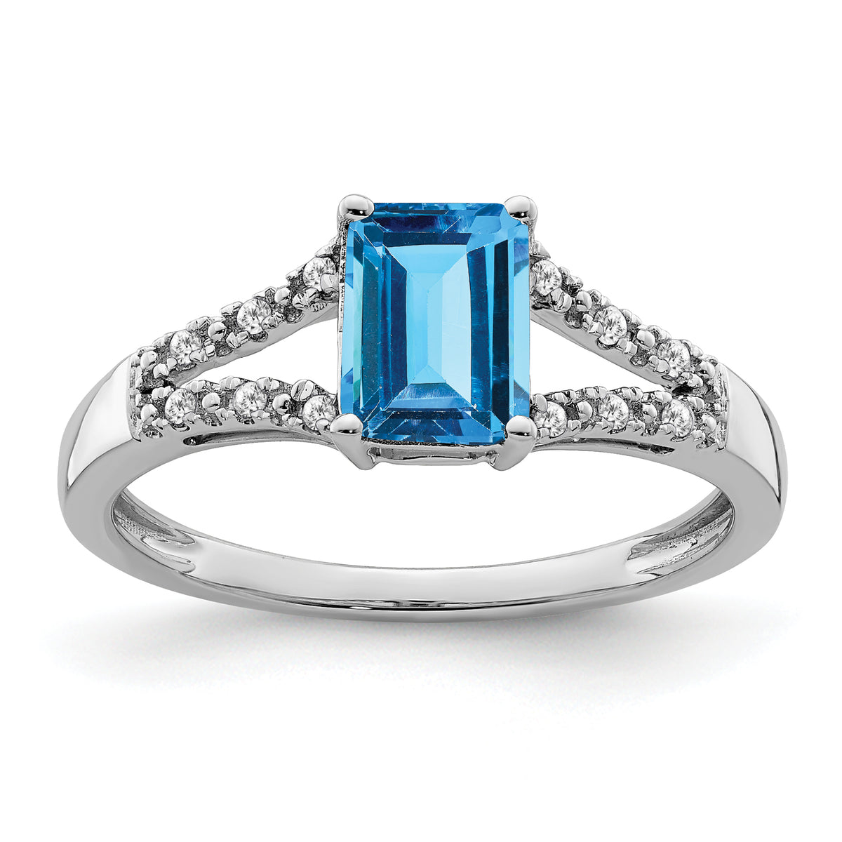 14k White Gold Emerald-cut Blue Topaz and Diamond Ring