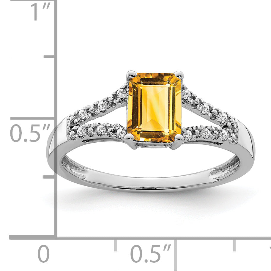 14k White Gold Emerald-cut Citrine and Diamond Ring