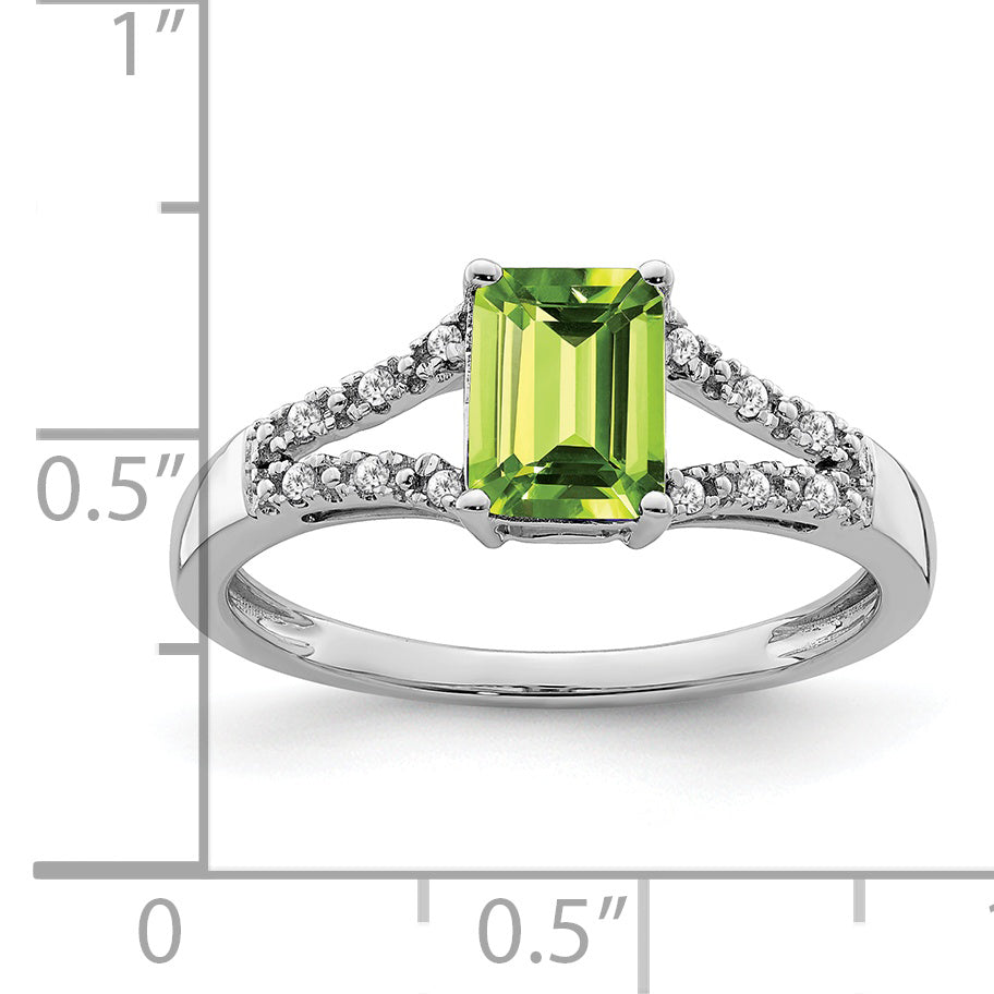 14k White Gold Emerald-cut Peridot and Diamond Ring