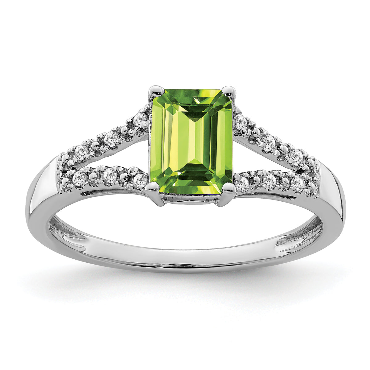 14k White Gold Emerald-cut Peridot and Diamond Ring