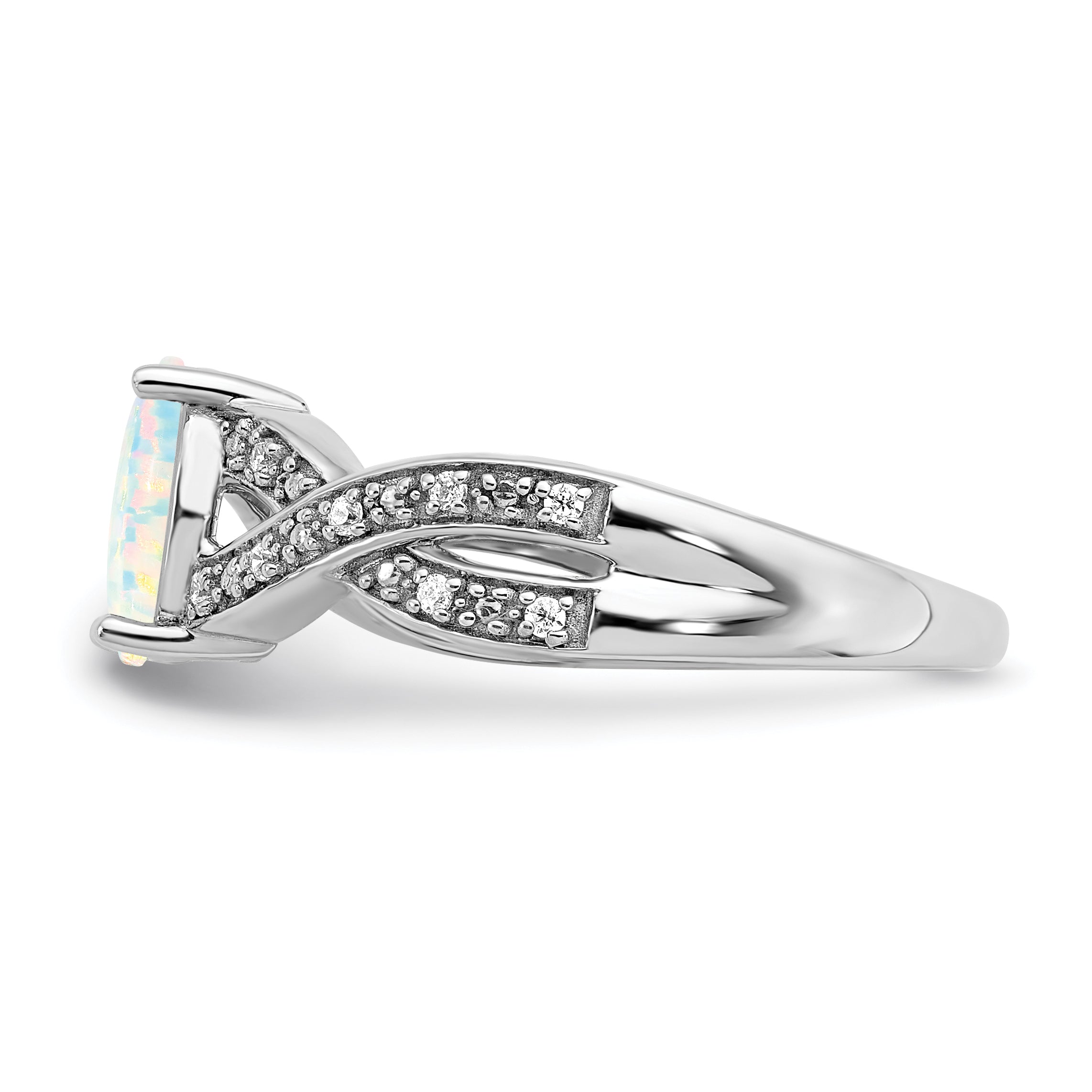 14k White Gold Created Opal and Diamond Ring