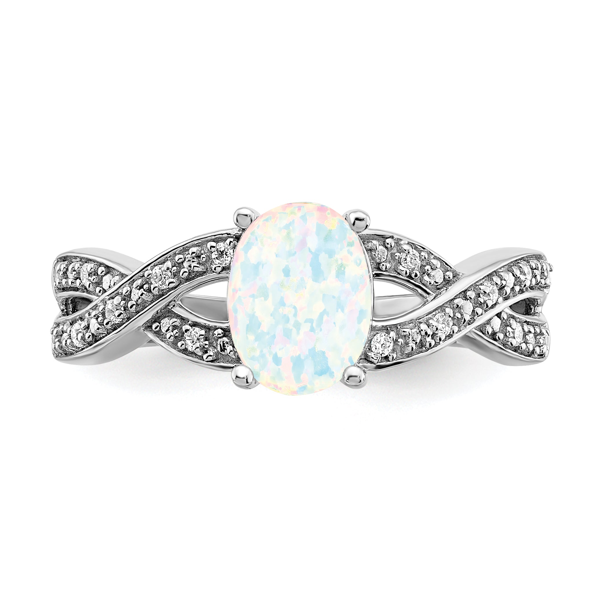 14k White Gold Created Opal and Diamond Ring