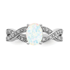 14k White Gold Created Opal and Diamond Ring