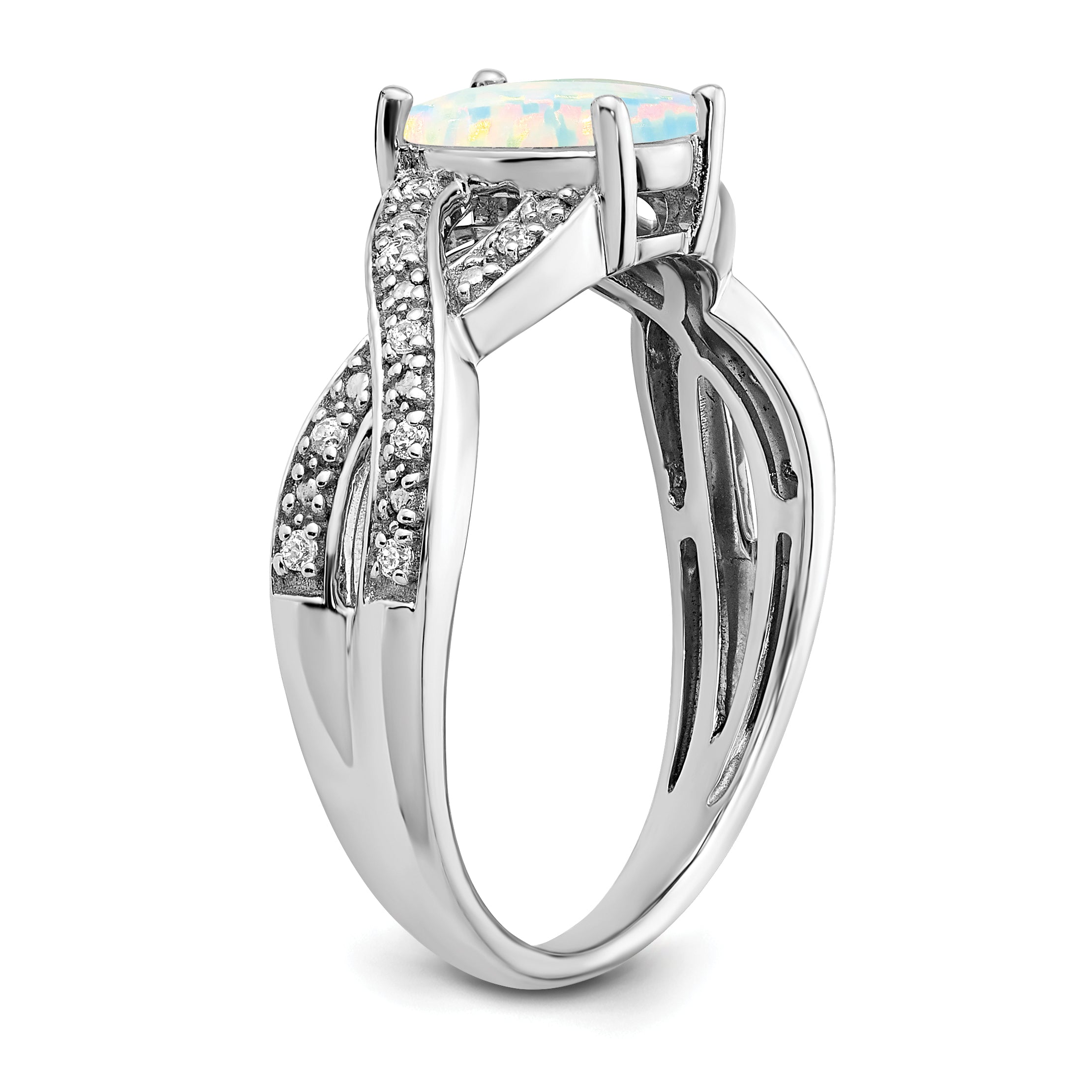 14k White Gold Created Opal and Diamond Ring