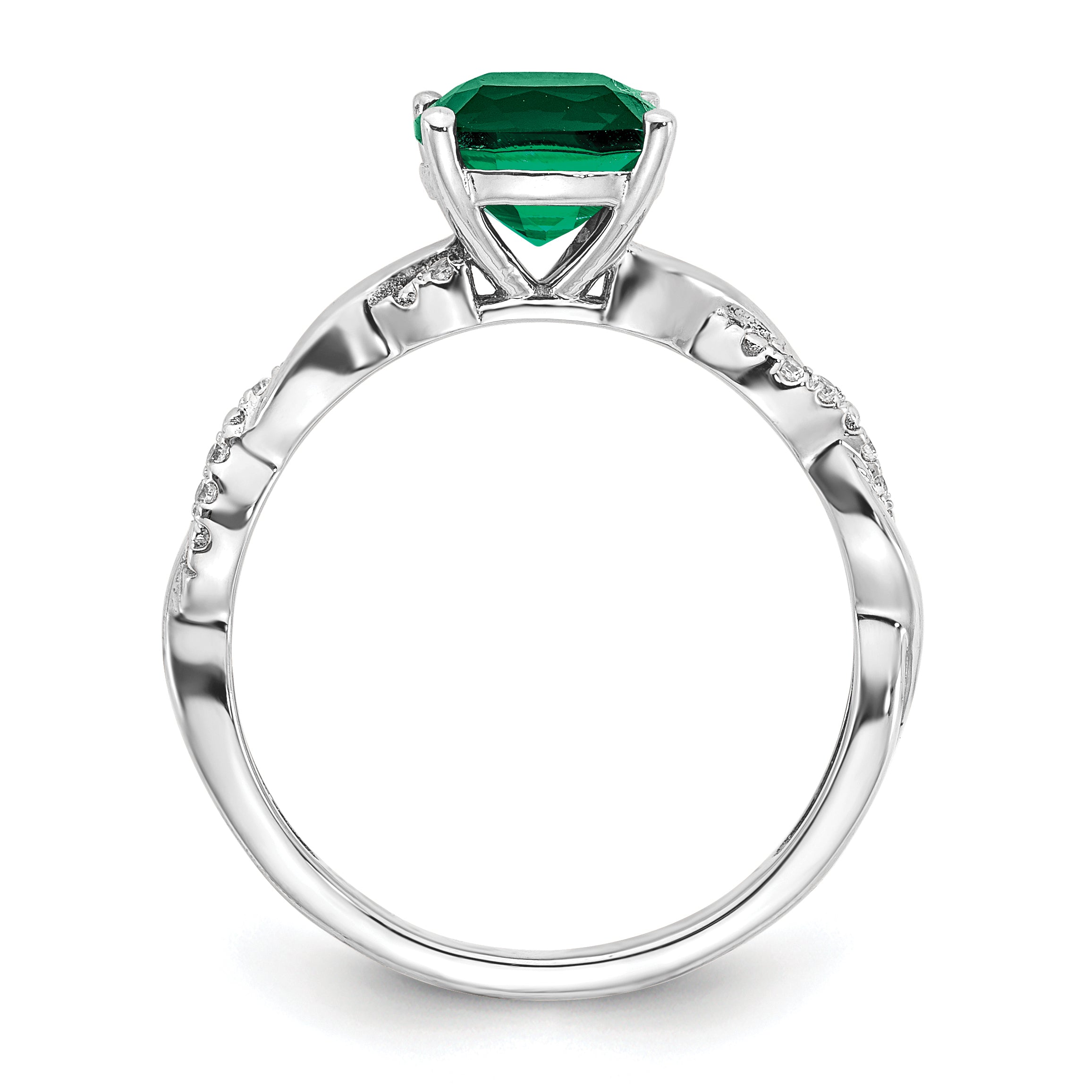 Sterling Silver Rhodium-plated Created Emerald and Diamond Ring