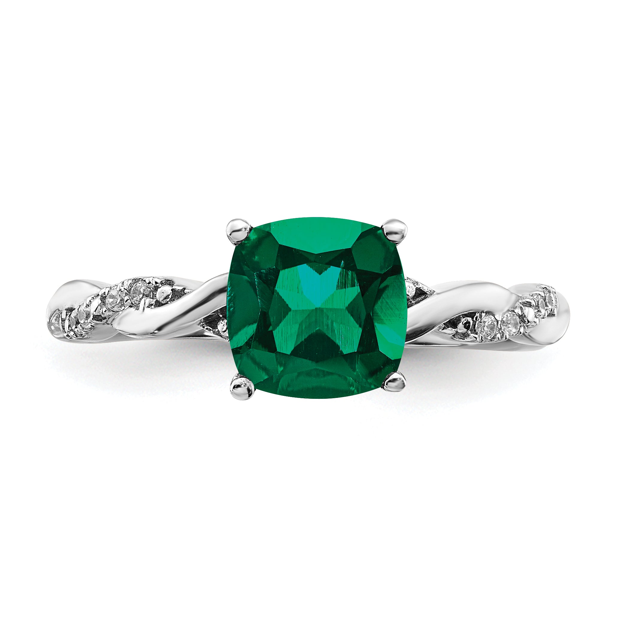 Sterling Silver Rhodium-plated Created Emerald and Diamond Ring