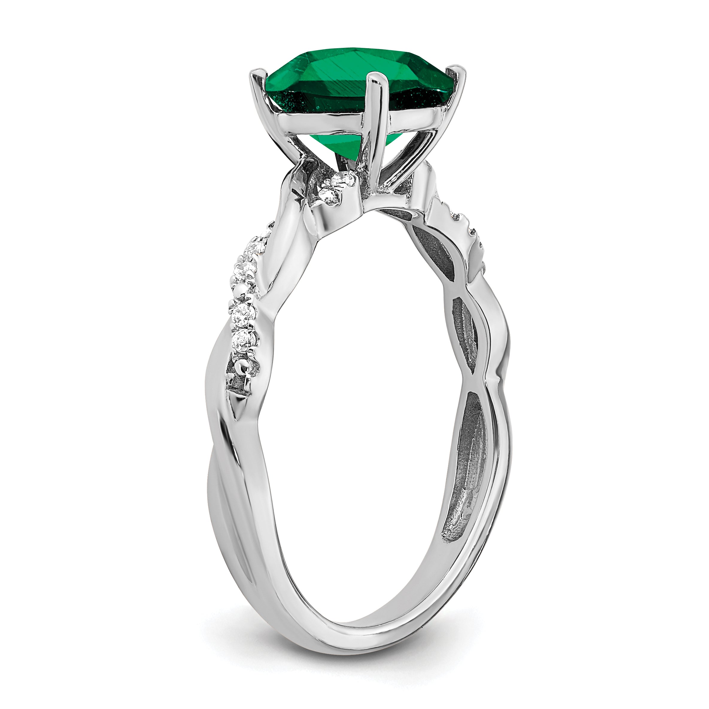 Sterling Silver Rhodium-plated Created Emerald and Diamond Ring