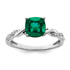 Sterling Silver Rhodium-plated Created Emerald and Diamond Ring