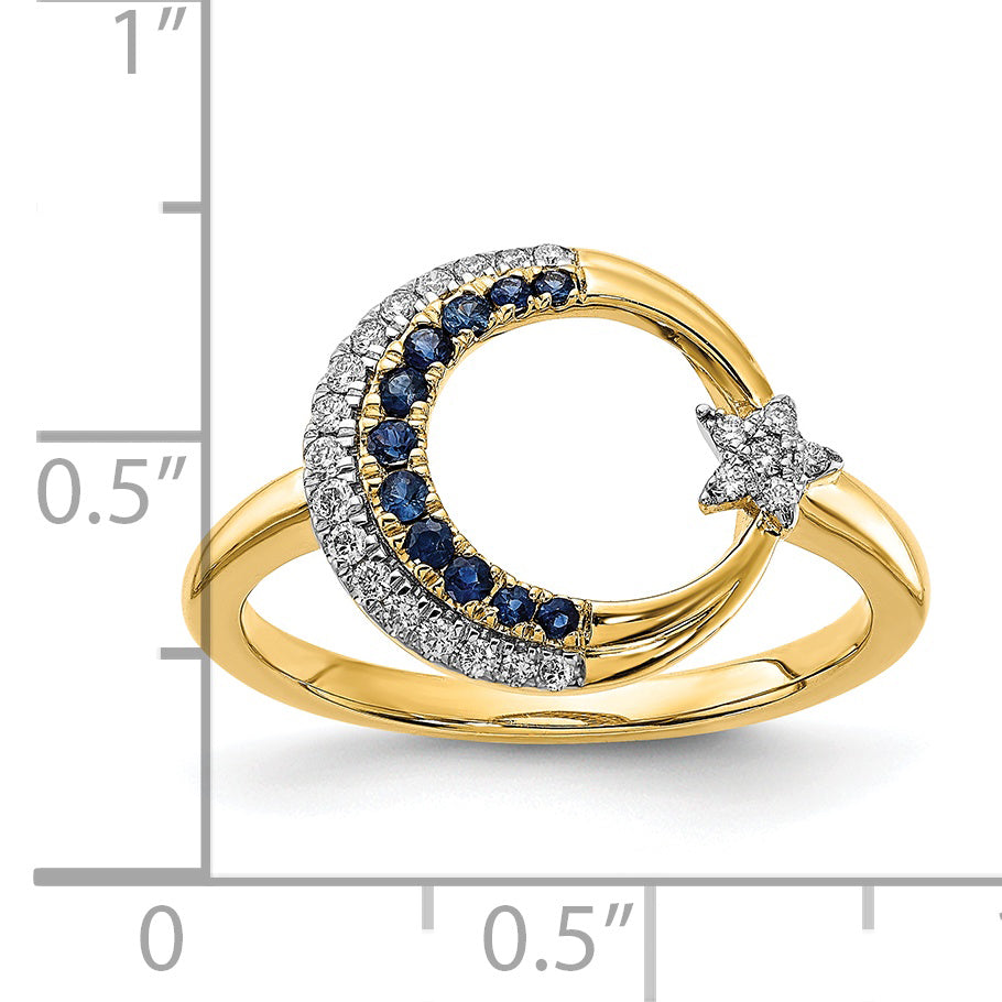 14k Polished Sapphire and Diamond Moon WithStar Ring