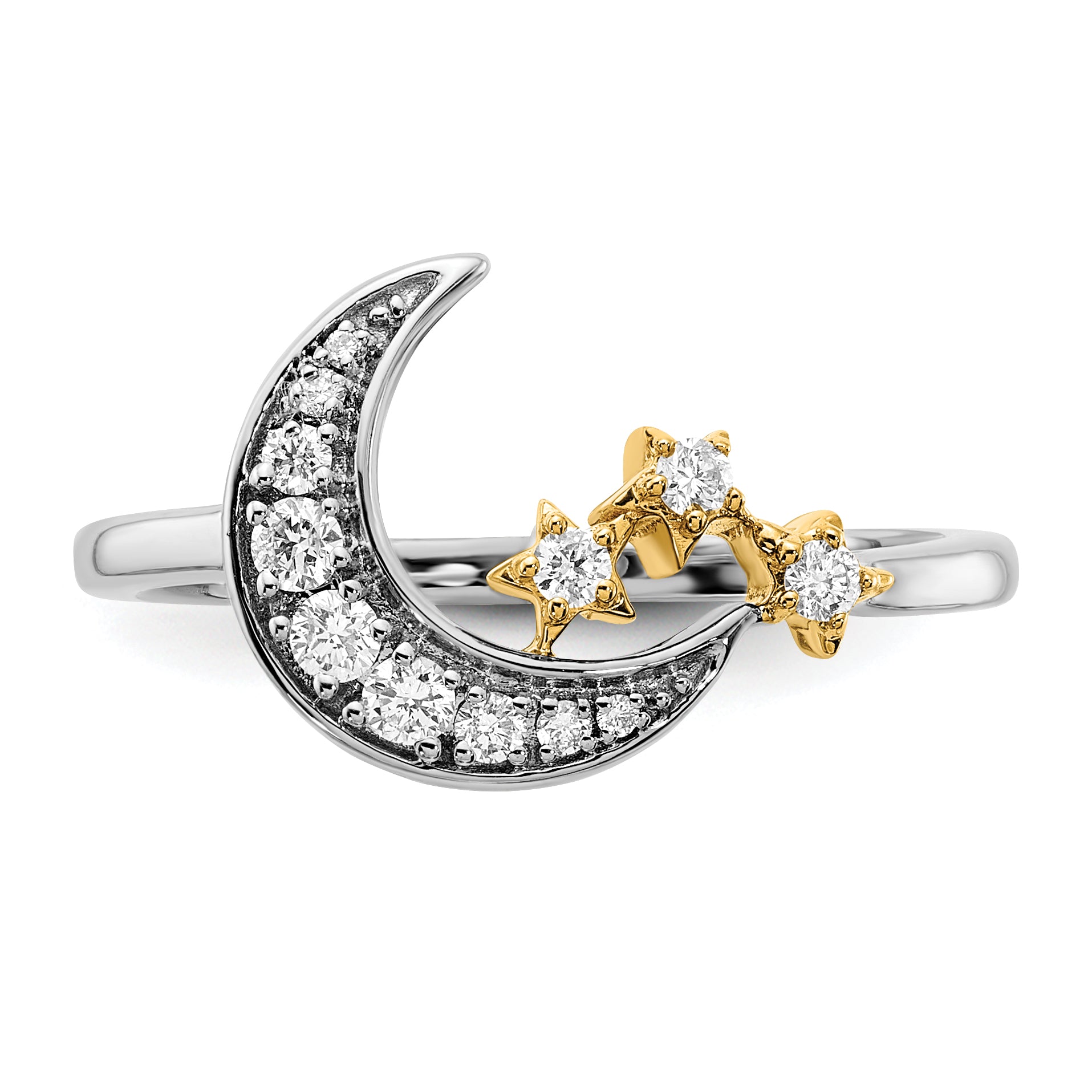 14k Two-tone Diamond Moon With3-Stars Ring