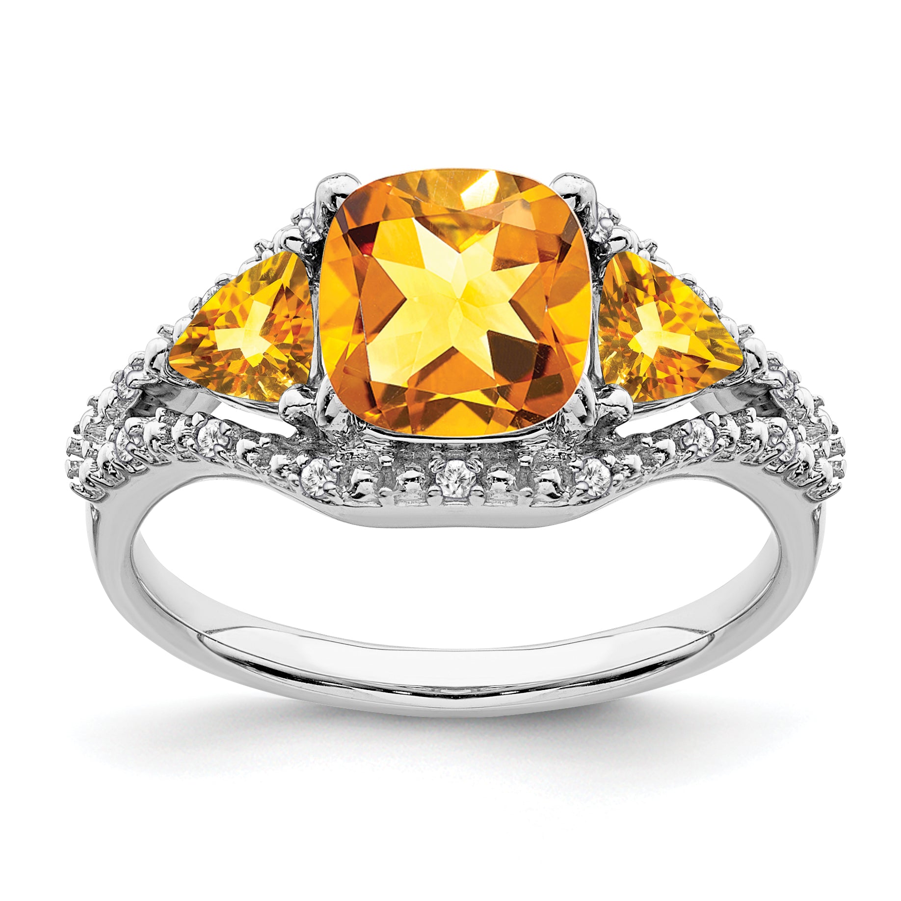 10k White Gold 3 Stone Citrine and Diamond Ring