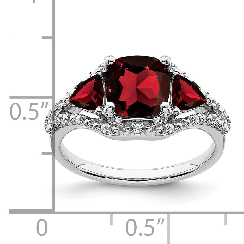 10k White Gold 3 Stone Garnet and Diamond Ring