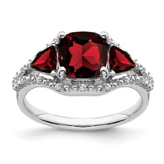 10k White Gold 3 Stone Garnet and Diamond Ring