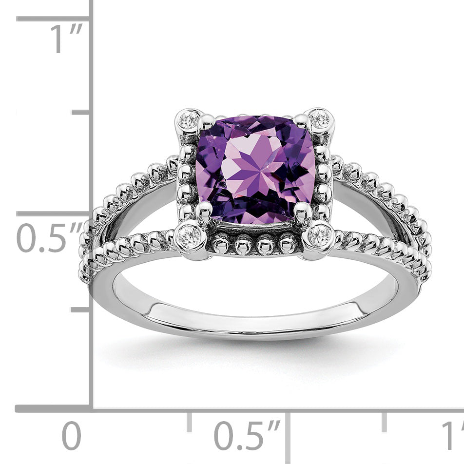 14k White Gold Cushion Amethyst and Diamond Ring