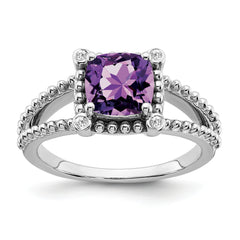 14k White Gold Cushion Amethyst and Diamond Ring