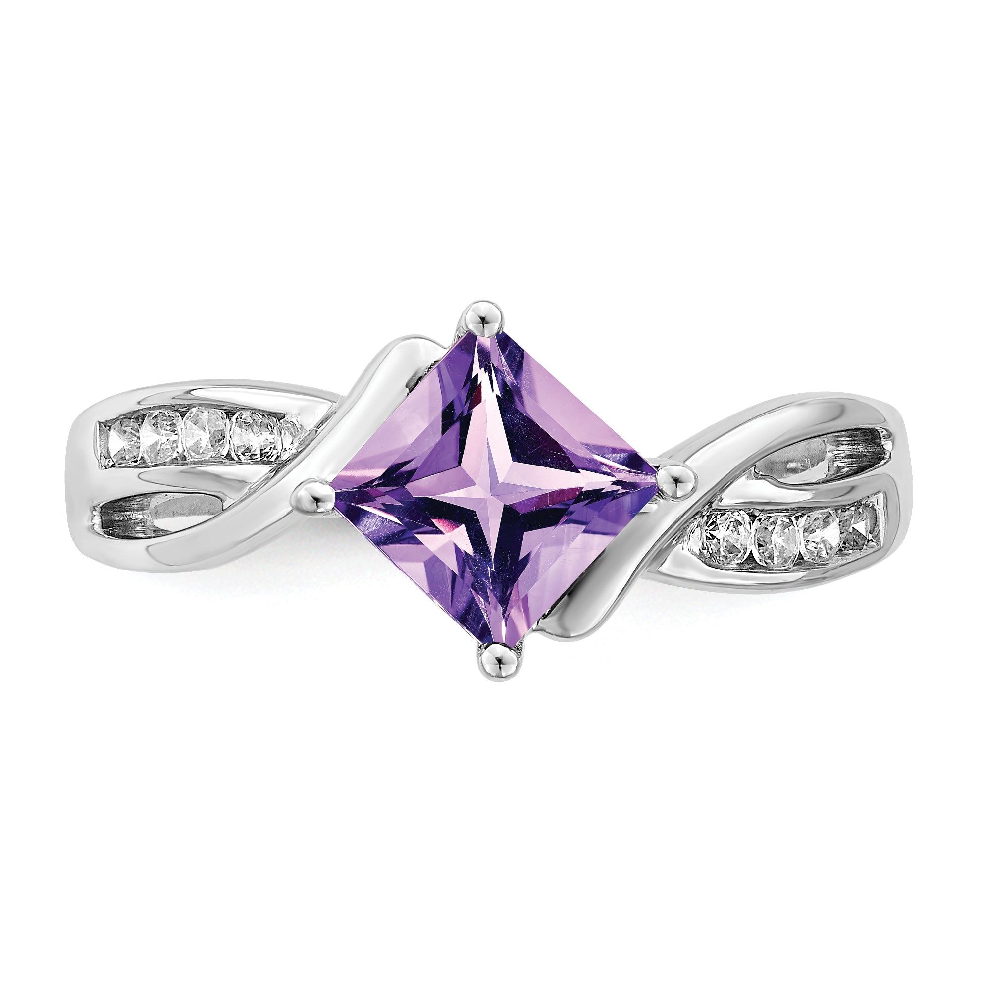 14k White Gold Square Amethyst and Diamond Ring