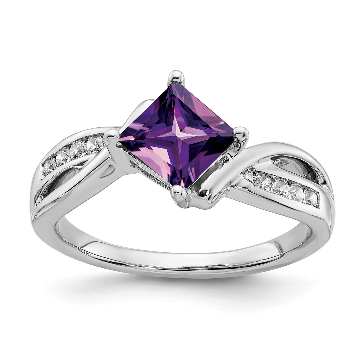 14k White Gold Square Amethyst and Diamond Ring