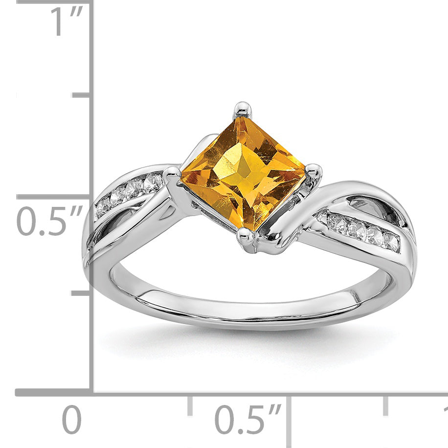 14k White Gold Square Citrine and Diamond Ring