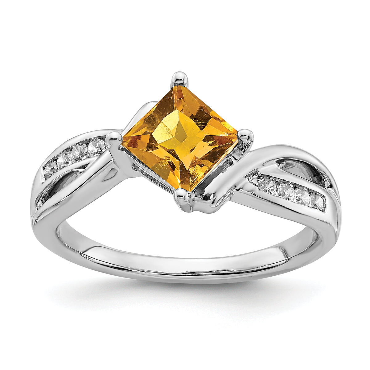 14k White Gold Square Citrine and Diamond Ring