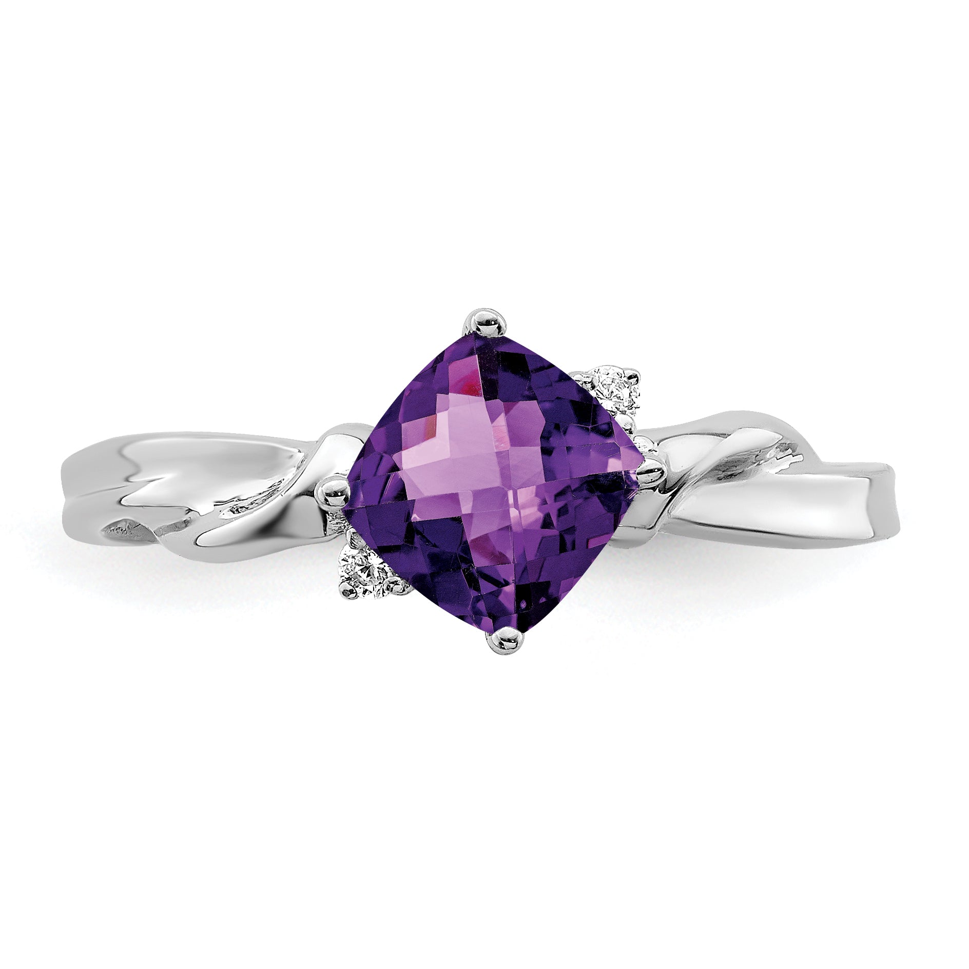 14k White Gold Cushion Amethyst and Diamond Ring