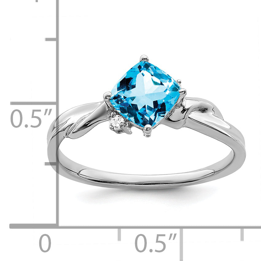 14k White Gold Cushion Blue Topaz and Diamond Ring