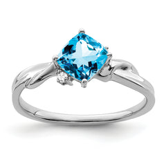 14k White Gold Cushion Blue Topaz and Diamond Ring