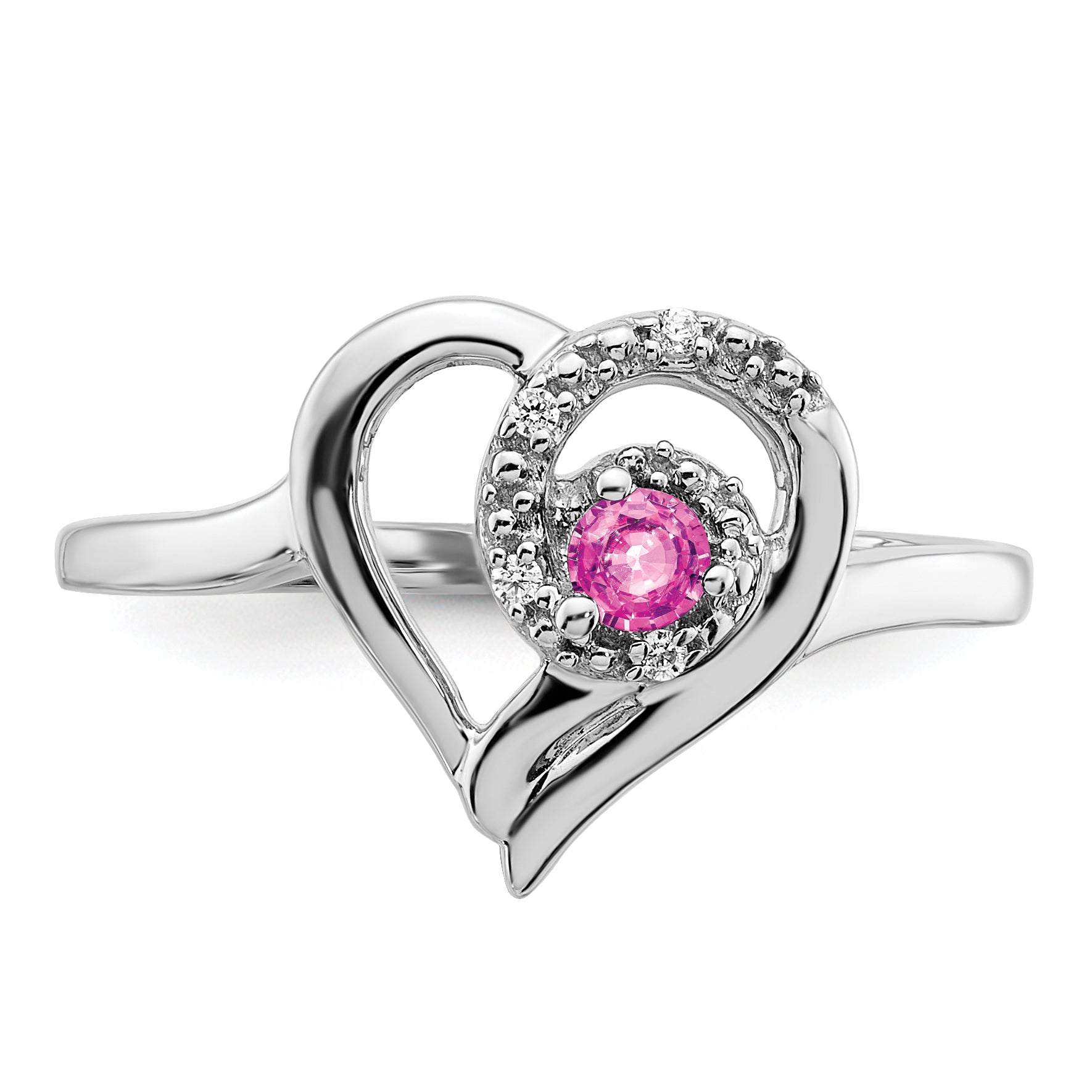 14k White Gold Created Pink Sapphire and Diamond Heart Ring