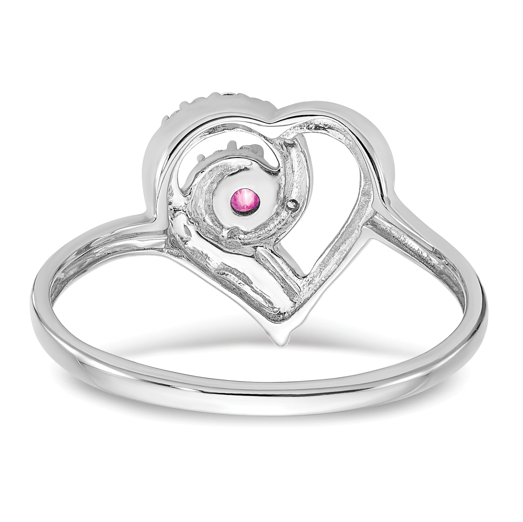 14k White Gold Created Pink Sapphire and Diamond Heart Ring