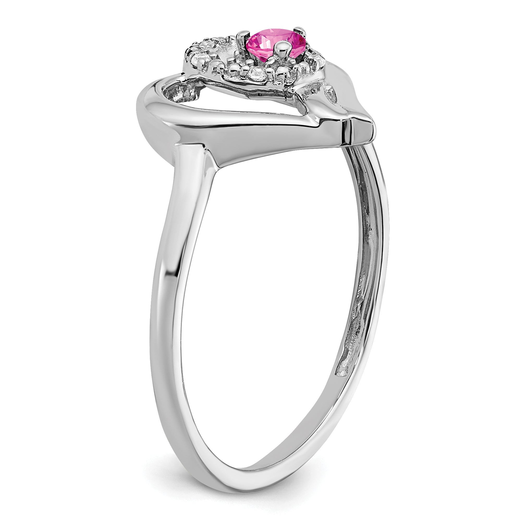 14k White Gold Created Pink Sapphire and Diamond Heart Ring