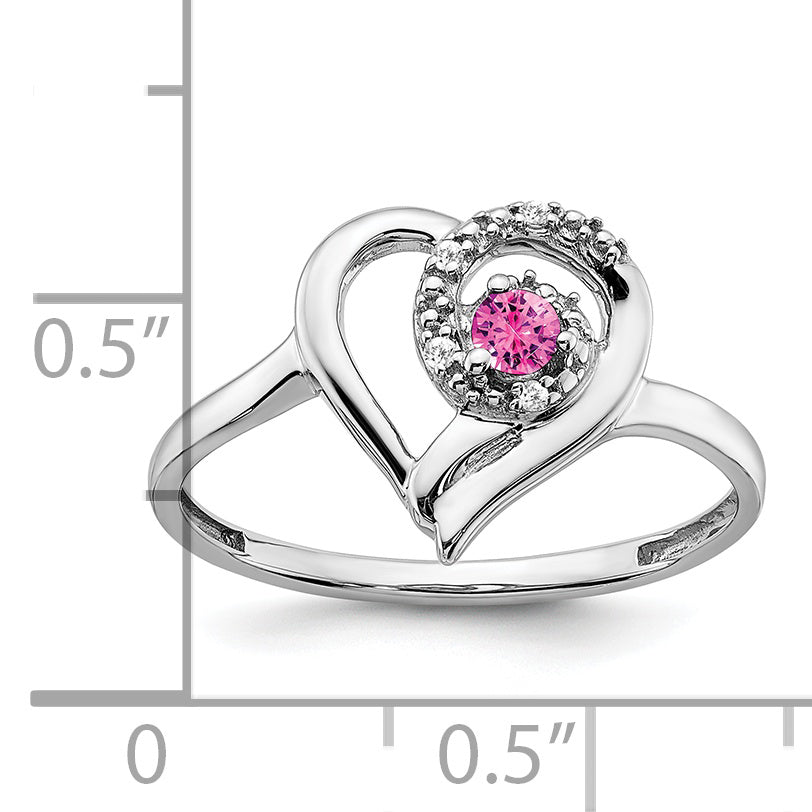 14k White Gold Created Pink Sapphire and Diamond Heart Ring