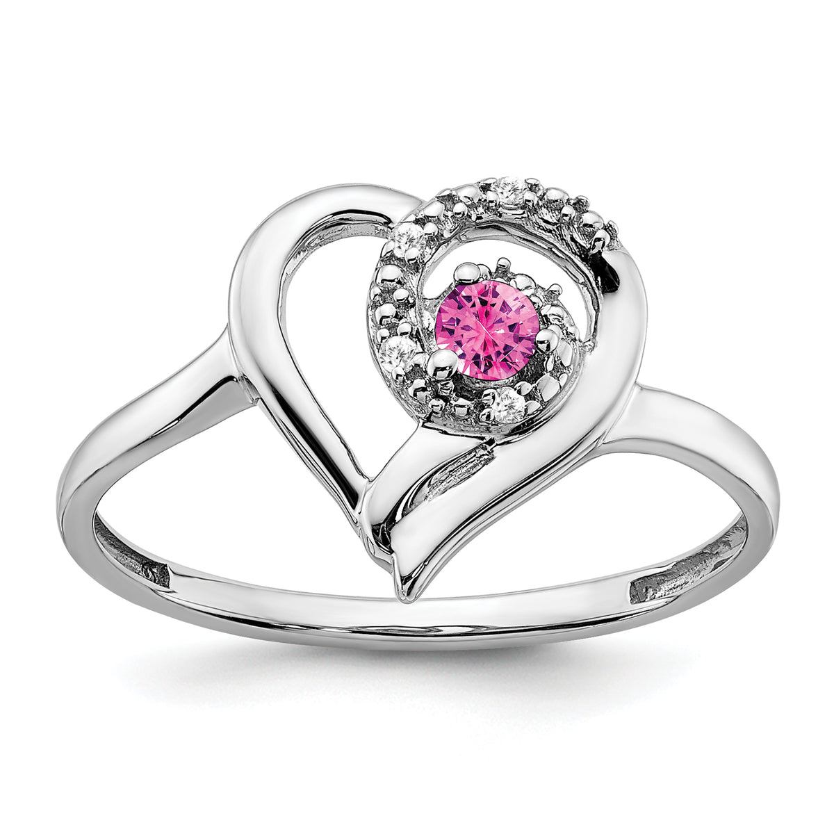 14k White Gold Created Pink Sapphire and Diamond Heart Ring