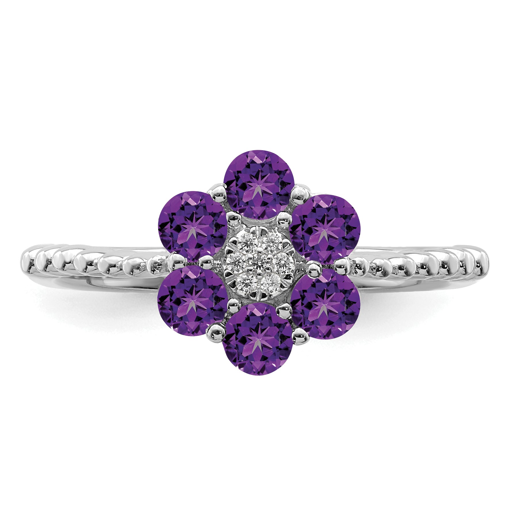 14k White Gold Amethyst and Diamond Floral Ring