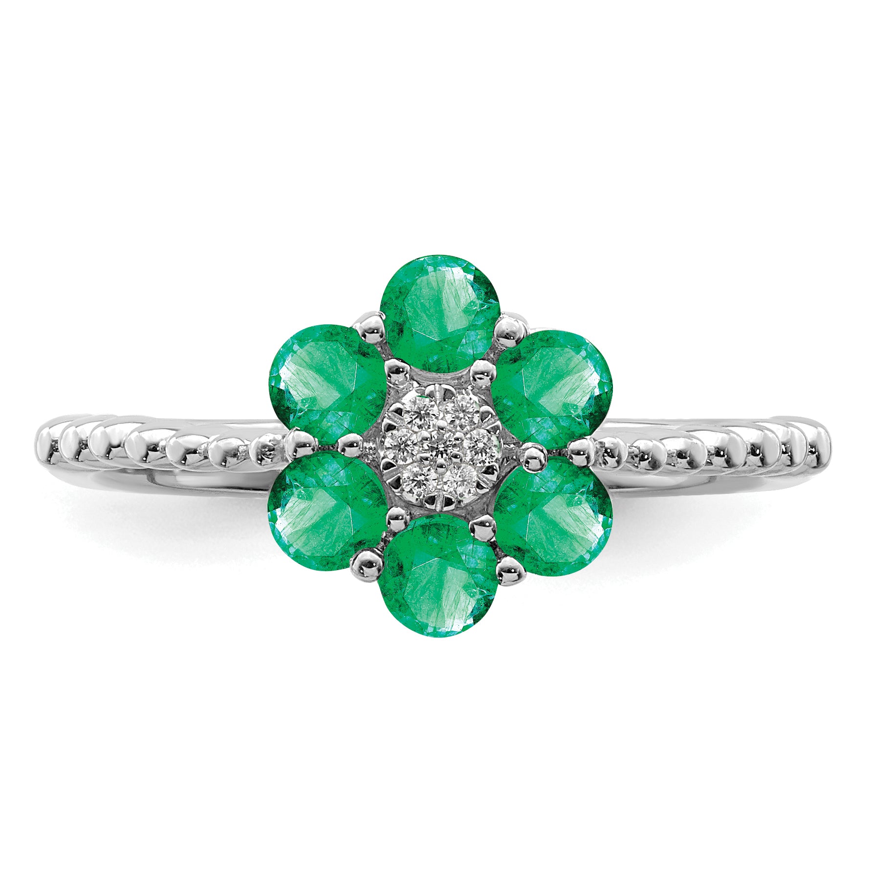 14k White Gold Emerald and Diamond Floral Ring