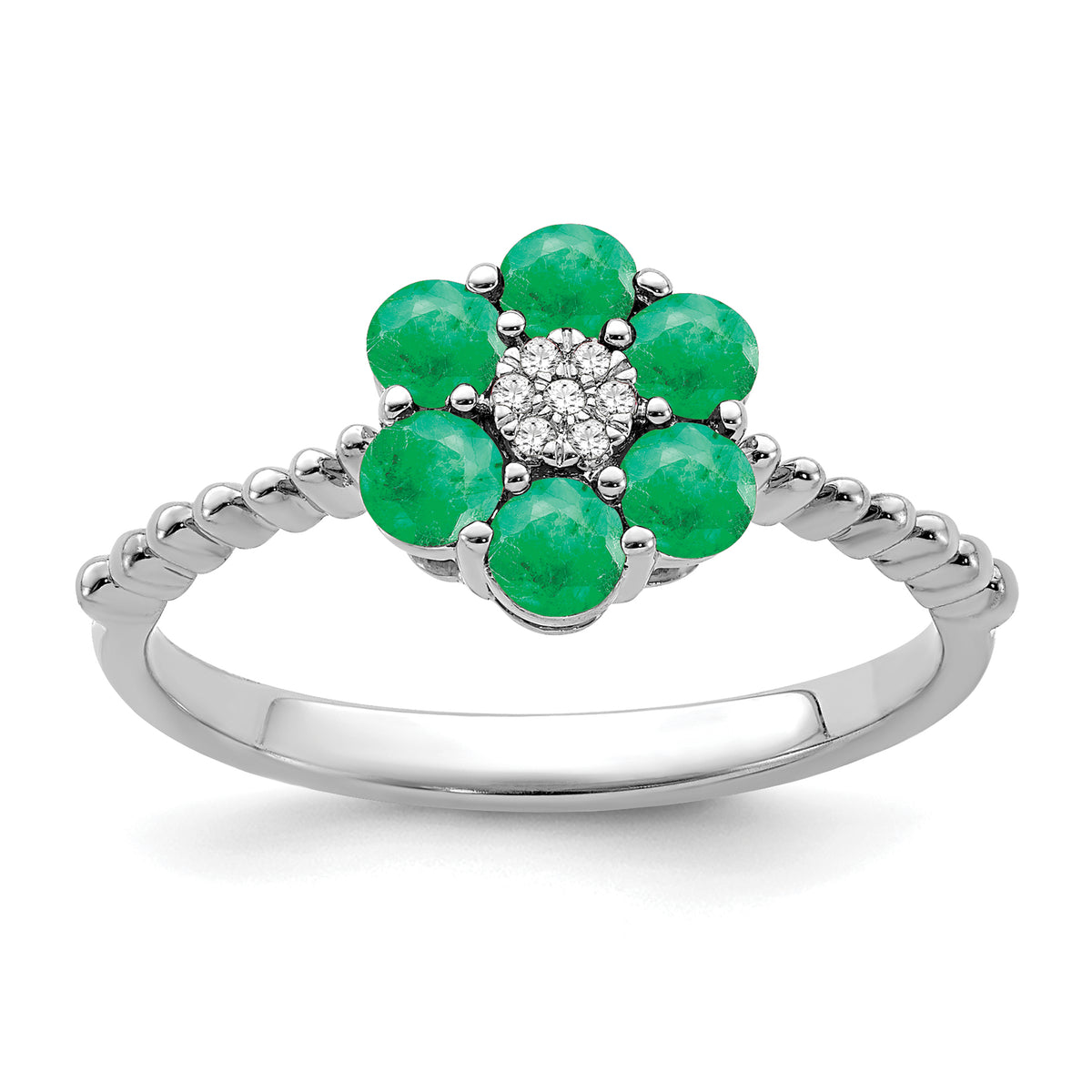 14k White Gold Emerald and Diamond Floral Ring