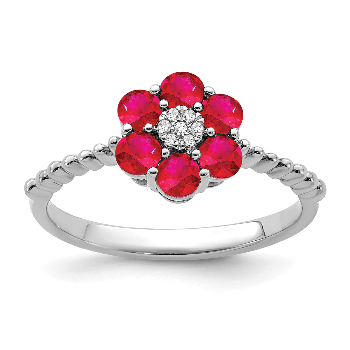 14k White Gold Ruby and Diamond Floral Ring